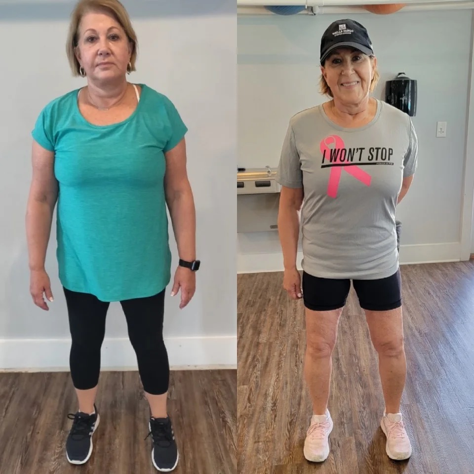 End Rezults Fitness female client transformation shown in two complete progress photos